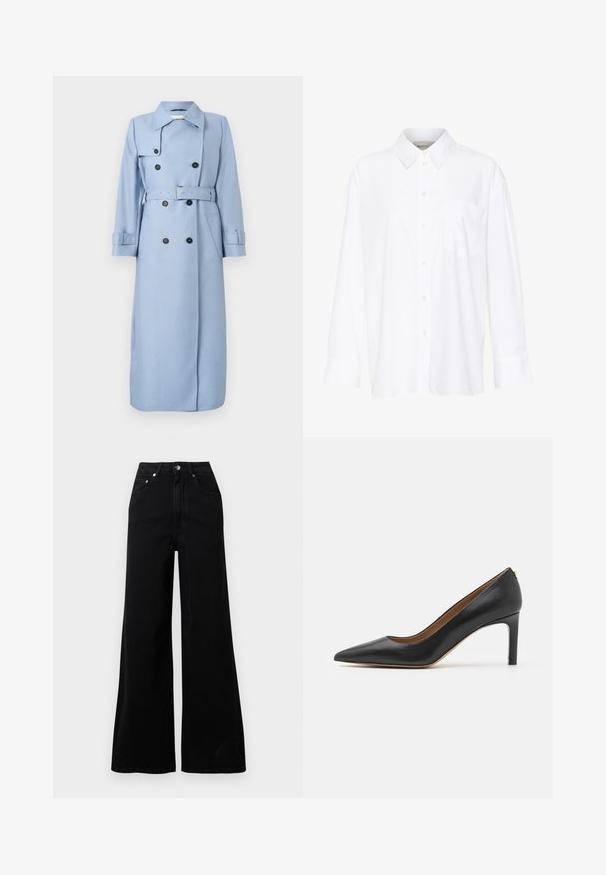 Lang, dobbeltbrystet lyseblå trench coat med sorte knapper, bælte ved taljen og krave, vist på en hvid baggrund.; Hvid langærmet skjorte med krave lavet af bomuld. Har en knaplukning fortil og en enkelt brystlomme. Glat tekstur, afslappet pasform.; Sorte jeans med vide ben lavet af denim, med høj talje, fem lommer, knaplukning foran og minimal syning.; Sort læder højhælet sko med spids tå, slank silhuet og en slank hæl. Har en glat overflade og minimale hardware-detaljer.