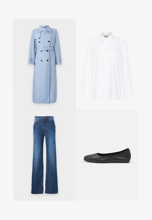 Lång dubbelknäppt ljusblå trenchcoat med svarta knappar, bälte vid midjan och krage, uppvisad mot en vit bakgrund.; Vit långärmad skjorta med krage i bomull. Har en knapp-down fram och en enda bröstficka. Slät textur, avslappnad passform.; Dondup MABEL - Jeans relaxed fit - blue; Svart läderballerinaskor med rund tå, slät yta, minimala söm detaljer och en flexibel sula.