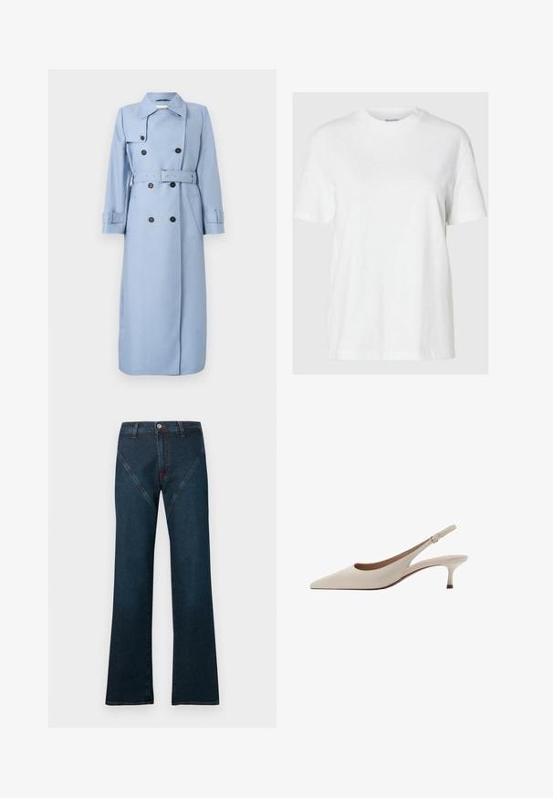 Dolgi dvojniki svetlo modri plašč z črnimi gumbi, pas na pasu in ovratnikom, prikazan na belem ozadju.; Bela bombažna majica s kratkimi rokavi in okroglim izrezom. Ima sproščen kroj in minimalen dizajn brez vzorcev ali dodatkov.; Temno modre zvončaste kavbojke iz jeansa z visokim pasom, kontrastnim šivom in edinstveno poševno zasnovo sprednjega žepa.; Bež sandale s peto, ki se zavezuje za peto, z izostrenim nosom in nizko, razširjeno peto. Narejene iz gladke usnje z minimalisticnim dizajnom in prilagodljivo zanko.