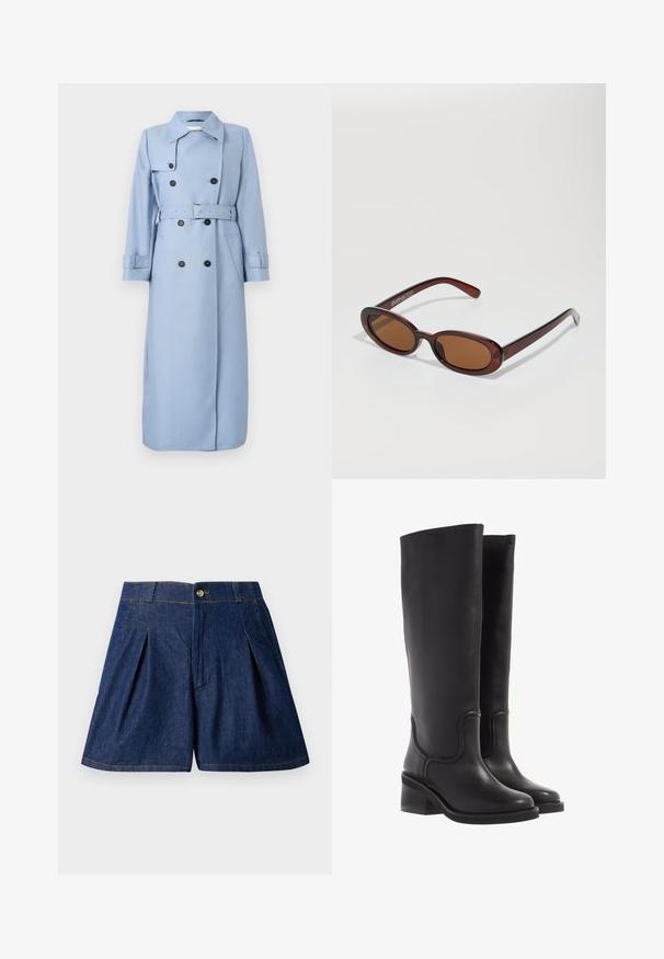 Long double-breasted light blue trench coat with black buttons, belt at waist, and collar, displayed on a white background.; Navy blue short-sleeve t-shirt with a crew neckline. Made of soft fabric, featuring a tag labeled "WEEKDAY" on the neck.; Dark blue denim shorts with pleats, a button closure, and side pockets. Features visible stitching and a smooth texture.; Black leather knee-high boots with a smooth texture, rounded toe, and a chunky heel. Features subtle stitching and a streamlined design.; Round, brown-tinted sunglasses with a glossy burgundy frame. Slim arms with subtle branding detail. Flat lens design.; Snake-print handbag with a curved handle. Made from textured, beige and brown materials, featuring a distinctive diamond pattern.