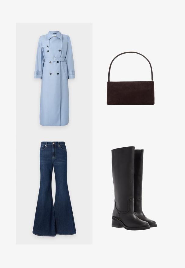 Langer, hellblauer, doppelt geknöpfter Trenchcoat mit schwarzen Knöpfen, Gürtel in der Taille und Kragen, auf einem weißen Hintergrund präsentiert.; Navyblaues T-Shirt mit kurzen Ärmeln und Rundhalsausschnitt. Aus weichem Stoff gefertigt, mit einem Etikett mit der Aufschrift "WEEKDAY" am Hals.; Dunkelblaue, ausgestellte Jeans aus Denim mit hoher Taille, vorne mit Knopfleiste und kontrastierenden Nähten entlang der Nähte.; Schwarze Lederstiefel bis zum Knie mit glatter Textur, abgerundeter Spitze und klobigem Absatz. Mit dezenten Nähten und einem schlanken Design.; Rechteckige Handtasche aus dunkelbraunem Wildleder mit einem schmalen Einzelhenkel, minimalistischem Design und ohne sichtbare Verzierungen.