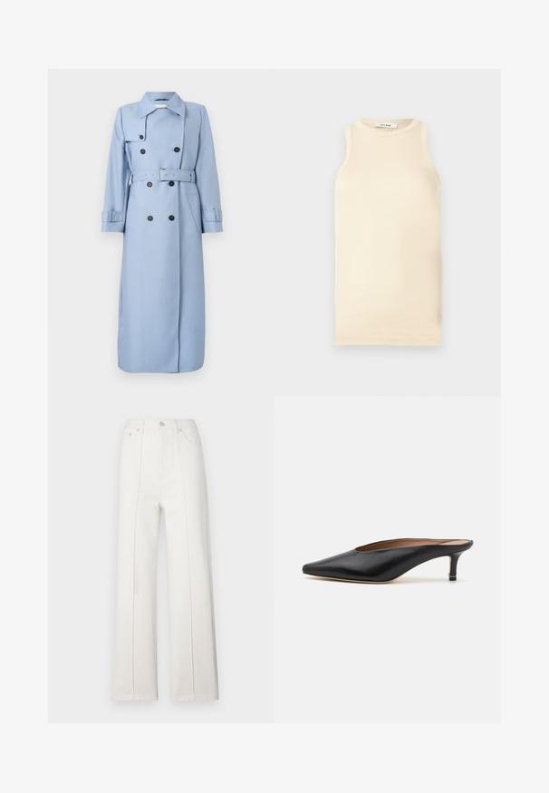 Lange lichtblauwe dubbelgeknoopte trenchcoat met zwarte knopen, riem op de taille en kraag, tentoongesteld op een witte achtergrond.; Lichtbeige mouwloze top van ribstof, met een ronde halslijn en een fitted ontwerp. Glad oppervlak met minimale naden.; Witte denim brede broek met een hoge taille, voorzien van verticale stiksels en een knoopsluiting aan de voorkant. Gladde textuur met een strak ontwerp.; Zwarte leren muiltjes met een puntige neus en een lage, blokhak. Glad oppervlak met een gestroomlijnd ontwerp. Open achterkant met minimale details.