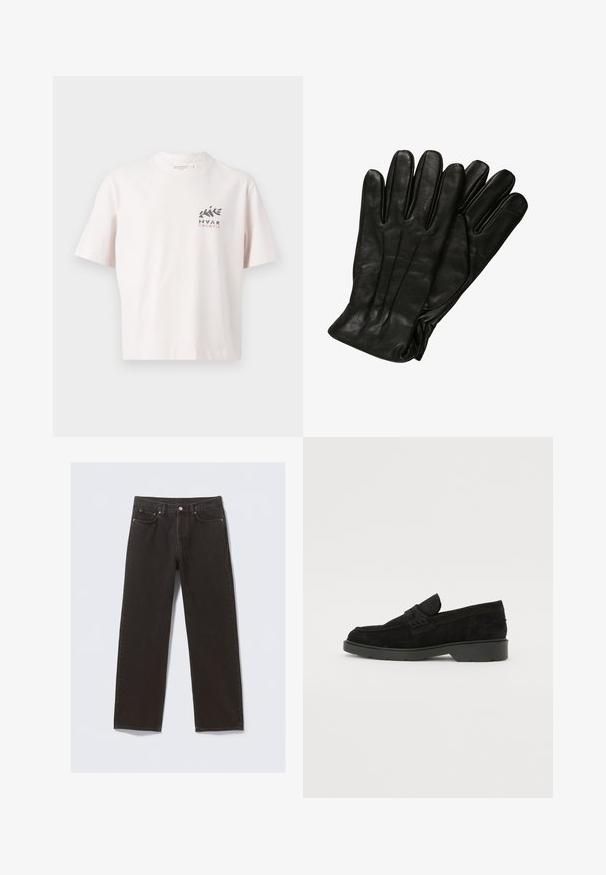 Donkergroene corduroy jas met een kraag, een voorzak en knoopsluiting. Getextureerde stof met verticale ribbeldetails.; Witte katoenen t-shirt met een ronde hals, korte mouwen en een grafisch ontwerp aan de voorkant met "HVAR" en "KROATIE" in zwarte en roze tekst.; Zwarte spijkerbroek van denim met een recht model, vijf zakken en koperkleurige stiksels. Glad textuur, klassieke knoopsluiting bij de taille.; Zwarte suède instappers met een lage hak, voorzien van een eenvoudige band over de bovenkant en een gestructureerd detail langs de zijkanten.; Zwarte leren handschoenen met een gladde textuur, vijf vingers en subtiele stiksels. Klassiek ontwerp, geschikt voor gebruik in koud weer.