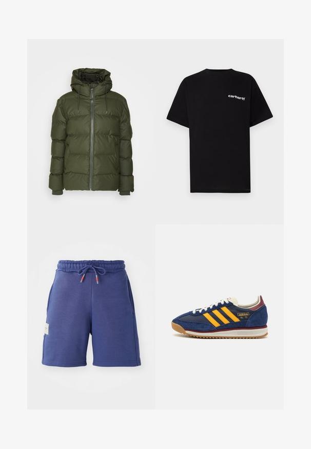 Olivi vihreä puhallettava takki hupulla, vetoketjulla ja elastisilla hihoilla. Sijoituksessa on tikkipinta ja pehmeä, tekstuuri pinta.; Musta puuvillainen t-paita, jossa on lyhyet hihat, pyöreä pääntie ja valkoinen "Carhartt"-logo vasemmassa rinnassa. Sileä pinta, minimalistinen design.; Navy blue sweat shorts with an elastic waistband, drawstring accents, and side pockets. Made from a soft fabric with a smooth texture.; Navy suede sneaker dengan garis kuning, tali sepatu putih, dan aksen burgundy. Sol bercorak dengan alur untuk traksi. Logo merek di samping.