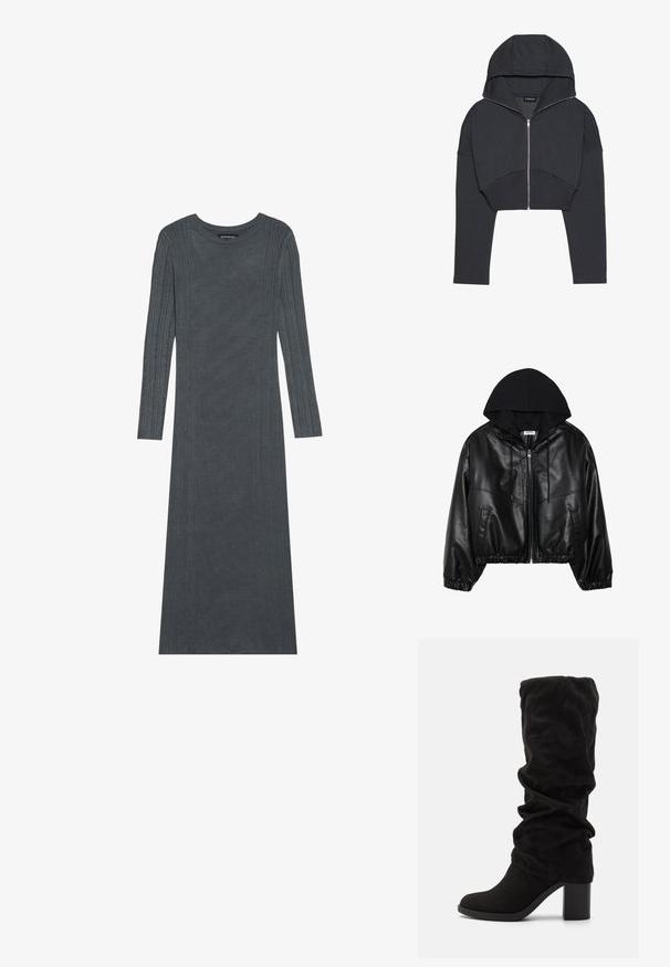 Black faux leather bomber jacket with a black hoodie, zippered front, elastic waistband, and ribbed cuffs. Features side pockets and seams.; Cropped black hoodie made of soft fabric with a front zip, large hood, and ribbed cuffs. Features a minimalist design with no patterns.; Long-sleeve, dark gray dress made of soft knit material. Features textured vertical stripes along the sleeves and body. Round neckline.; Anna Field Boots - black