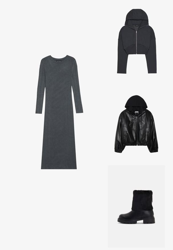 Sort faux læder bomberjakke med en sort hætte, lynlås foran, elastisk talje og ribbede manchetter. Har sidelommer og sømme.; Afskåret sort hættetrøje lavet af blødt materiale med lynlås foran, stor hætte og ribbede manchetter. Har et minimalistisk design uden mønstre.; Langærmet, mørkegråt kjole lavet af blødt strikmateriale. Har teksturerede lodrette striber langs ærmerne og kroppen. Rund halsudskæring.; Sorte ankelstøvler med en glat læderoverflade og en tekstureret kunstpelskant. Kraftig, ribbet gummisål for godt greb.