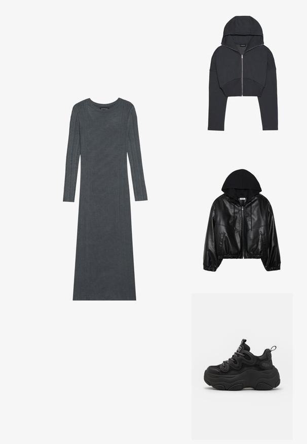 Fekete műbőr bomber dzseki fekete kapucnival, cipzáros elülső résszel, rugalmas derékrésszel és bordázott mandzsettákkal. Oldalsó zsebekkel és varratokkal rendelkezik.; Rövidített fekete kapucnis pulóver puha anyagból, elöl zipzárral, nagy kapucnival és bordázott mandzsettákkal. Minimalista dizájnnal rendelkezik, minta nélkül.; Hosszú ujjú, sötétszürke ruha, puha kötött anyagból készült. A ujjakon és a testen texturált függőleges csíkok találhatók. Kerek nyakkivágás.; Fekete sneaker, masszív dizájnnal, textúrált felsőrésszel, hálós panelek és vastag gumitalp. REFLEKTÍV cipőfűzők és márkázási részletek láthatók.