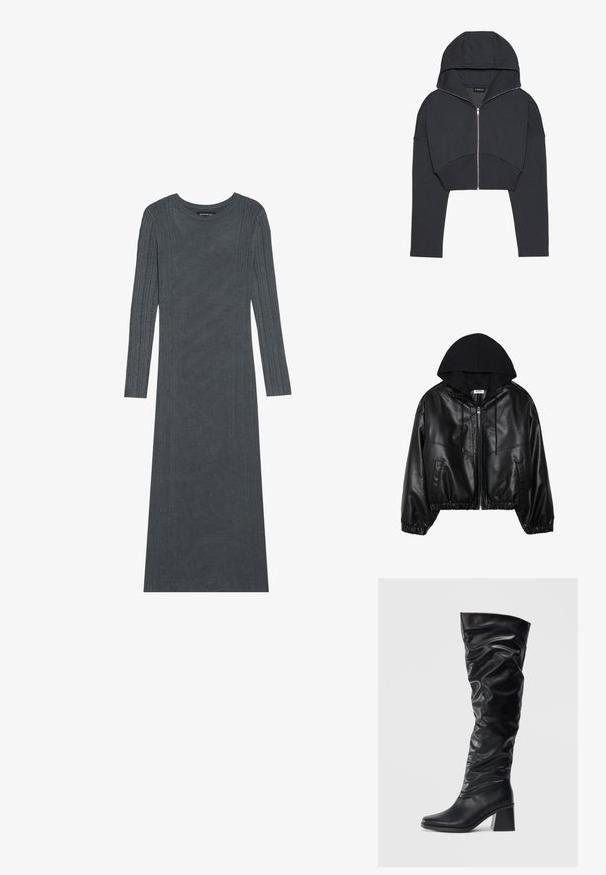 Schwarze Kunstleder-Bomberjacke mit einem schwarzen Kapuzenpullover, Reißverschluss vorne, elastischem Bund und gerippten Bündchen. Verfügt über seitliche Taschen und Nähte.; Gekürzter schwarzer Hoodie aus weichem Stoff mit Reißverschluss vorne, großer Kapuze und gerippten Bündchen. Hat ein minimalistisches Design ohne Muster.; Langärmliges, dunkelgraues Kleid aus weichem Strickmaterial. Mit strukturierten vertikalen Streifen entlang der Ärmel und des Körpers. Rundhalsausschnitt.; Schwarze kniehohe Stiefel aus glänzendem Leder mit einem lässigen Design, spitzer Zehenpartie und einem stabilen Blockabsatz. Sanfte Textur mit subtiler Glanz.; Schwarze Stoffhandtasche mit zwei vorderen Taschen, die mit Schleifendetails versehen sind, doppelten Griffen und einem Reißverschluss. Weiche Textur und rechteckige Form.
