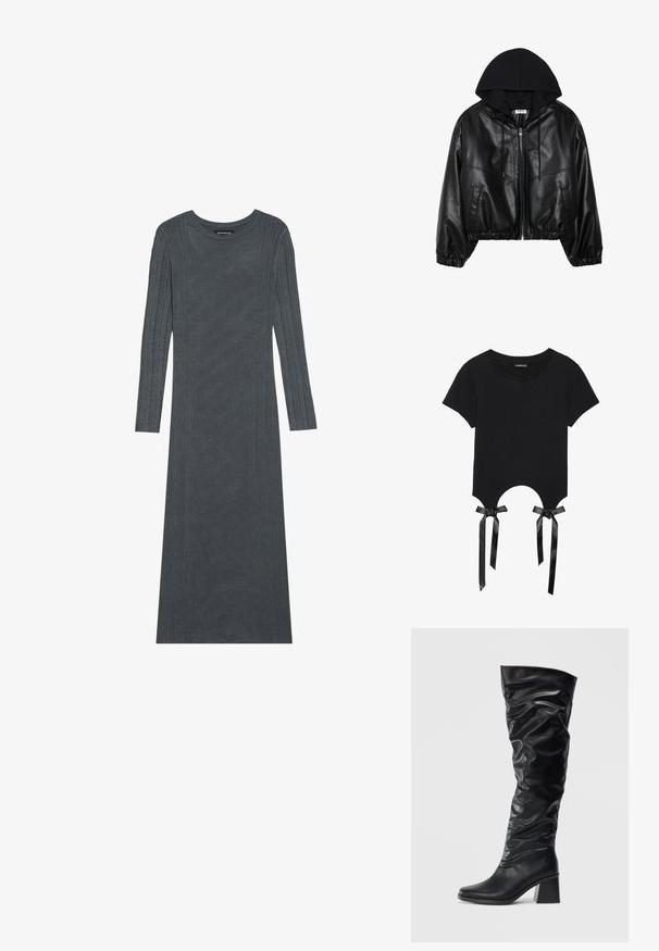 Sort faux læder bomberjakke med en sort hætte, lynlås foran, elastisk talje og ribbede manchetter. Har sidelommer og sømme.; Afskåret sort hættetrøje lavet af blødt materiale med lynlås foran, stor hætte og ribbede manchetter. Har et minimalistisk design uden mønstre.; Sort cropped t-shirt lavet af blød bomuld med rund halsudskæring, korte ærmer og unikt udskåret design, der er accentueret med satinbånd.; Langærmet, mørkegråt kjole lavet af blødt strikmateriale. Har teksturerede lodrette striber langs ærmerne og kroppen. Rund halsudskæring.; Sorte knæhøje støvler lavet af blank læder med et afslappet design, spidse tæer og en kraftig blokhæl. Glat tekstur med subtil glans.; Sorte stof håndtaske med to frontlommer med sløjfedetaljer, dobbelte håndtag og lynlåslukning. Blød tekstur og rektangulær form.