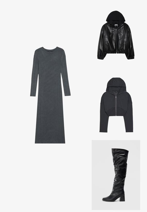 Svart bomberjakke i faux skinn med svart hette, glidelås foran, elastisk midje og ribbede mansjetter. Har sidelommer og sømmer.; Avkortet svart hettegenser laget av mykt materiale med glidelås foran, stor hette og ribbede mansjetter. Har et minimalistisk design uten mønstre.; Langermet, mørkegrå kjole laget av mykt strikket materiale. Har teksturerte vertikale striper langs ermene og kroppen. Rund utringning.; Sorte knelang støvler laget av skinnende lær med en slouchy design, spiss tå og en tykk blokkhel. Glatt tekstur med subtil glans.; Svart stoff håndveske med to frontlommer med sløyfe detaljer, doble håndtak og glidelås. Myk tekstur og rektangulær form.