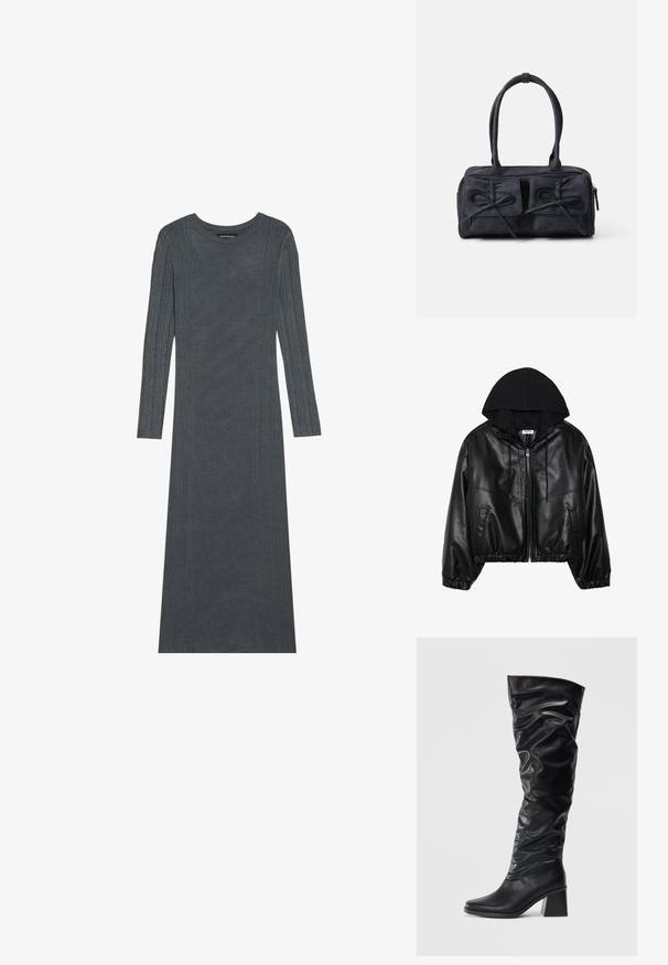 Fekete műbőr bomber dzseki fekete kapucnival, cipzáros elülső résszel, rugalmas derékrésszel és bordázott mandzsettákkal. Oldalsó zsebekkel és varratokkal rendelkezik.; Hosszú ujjú, sötétszürke ruha, puha kötött anyagból készült. A ujjakon és a testen texturált függőleges csíkok találhatók. Kerek nyakkivágás.; Fekete, térd fölé érő csizmák fényes bőrből, laza stílusban, hegyes orral és vaskos blokksarkakkal. Simább felület, enyhe fényességgel.; Fekete szövet kézitáska, két elülső zsebből készült, masni részletekkel, dupla füllel és cipzáros záródással. Puha tapintású, téglalap alakú.