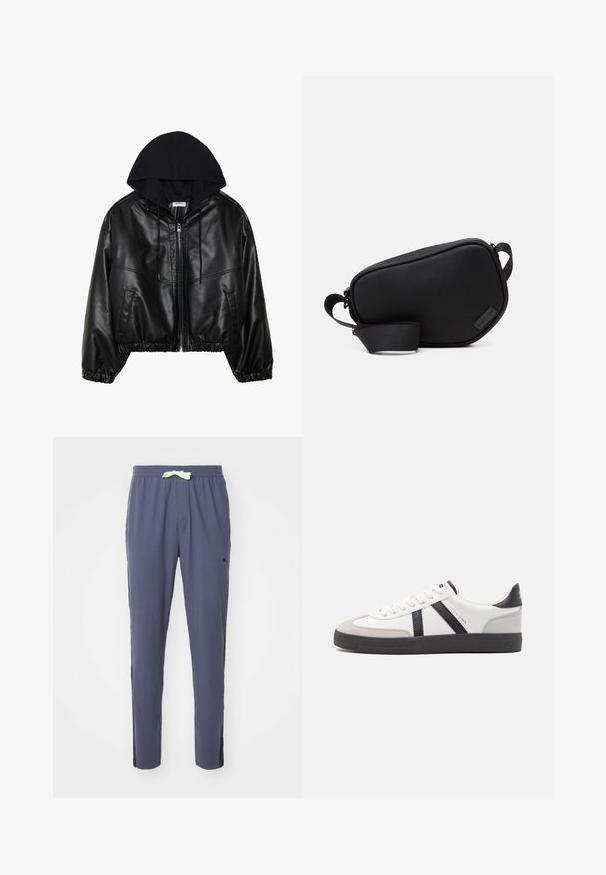 Černá bomber bunda z umělé kůže s černou mikinou, zapínání na zip, elastický pas a žebrové manžety. Obsahuje boční kapsy a švy.; Sada tří základních triček v černé, bílé a světle šedé barvě. Krátké rukávy, kulatý výstřih, vyrobena z hladké bavlněné tkaniny. Viditelné logo značky.; Námořnické tepláky vyrobené z měkkého materiálu, které mají elastický pas se světlezelenou šňůrkou a bočními černými akcenty.; Bílé tenisky s černými a šedými akcenty, opatřené texturovaným šedým prstovým krytem, černou gumovou podrážkou a plochými bílými tkaničkami. Čistý design, minimalistický styl.; Černá crossbody taška se zipem, vyrobená z hladkého materiálu, s plochým tvarem, jedním popruhem a malým logem. Minimalistický design.