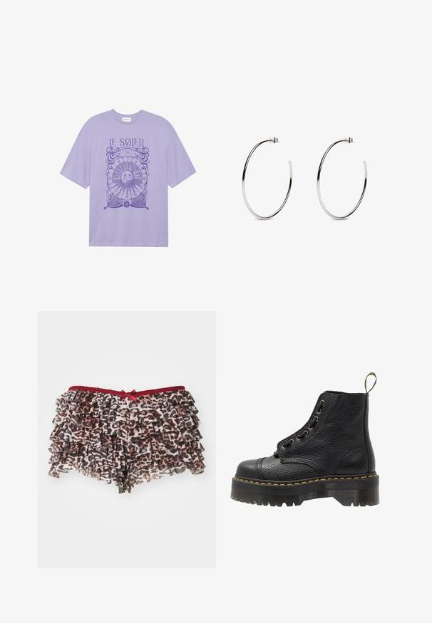 Crna bomber jakna od umjetne kože s crnom kapuljačom, patentnim zatvaračem sprijeda, elastičnom strukom i rebrastim manžetama. Ima bočne džepove i šavove.; Ljubičasta pamučna majica s kratkim rukavima, koja na prednjoj strani ima kružni grafički prikaz sunca i natpis "LE SOLEIL" u ljubičastoj boji.; Cvjetne kratke hlače s uzorkom leopardove kože, s višeslojnim volanima, crvenim čipkastim pojasom i malim mašnom sprijeda.; Crne kožne gležnjače s teksturiranom površinom, okruglim vrhom, vezanjem, žutim šavovima i debelim, rebrastim crnim platformama.; Srebrne kružne naušnice minimalističkog dizajna, s glatkim, okruglim oblikom i poliranim završetkom, osigurane kopčom na post.