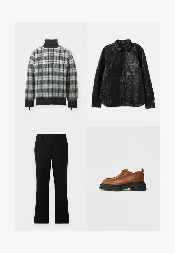Juodas odinis marškinis su susiraukšlėjusia tekstūra, turintis dvi krūtinės kišenes, sagų uždarymą ir klasikinius antkrūtinio atvartus. Ilgos rankovės ir laisvas siluetas.; Pilkas ir juodas languotas golfas su minkštu, tekstūruotu paviršiumi. Pasirinktas laisvas siluetas ir raukšlėti rankogaliai. Po truputį besikeičiančios spalvos apačioje.; Juodos plačios kelnės, pagamintos iš medvilnės mišinio, su mygtukų uždarymu, diržo kilpomis ir lygia tekstūra be matomų raštų.; Rudos odinės bateliai su apvaliu pirštu, raištelių dizainu ir storu juodu sluoksniuotu padu. Išskirtinai akcentuojama struktūrizuota siluetas ir tekstūra.