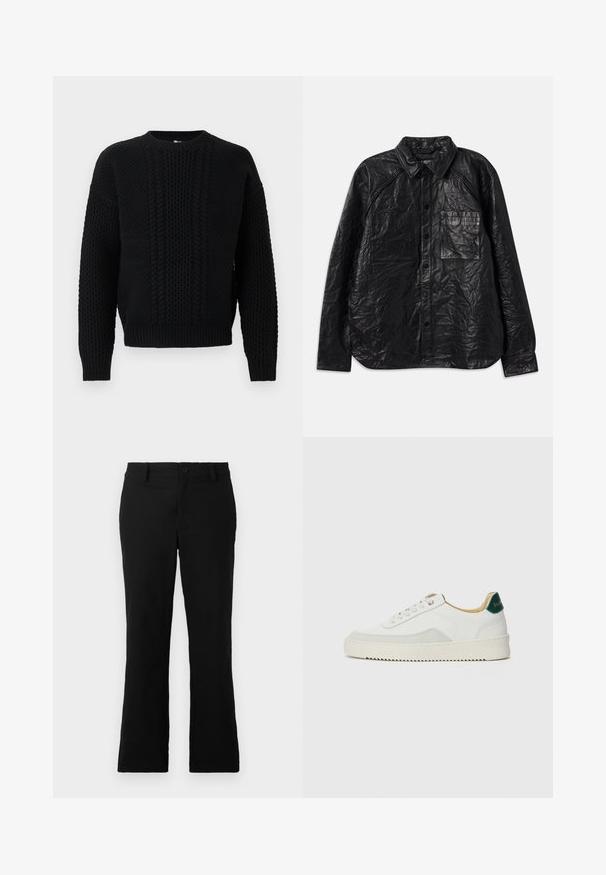 Camicia in pelle nera con texture increspata, dotata di due tasche sul petto, chiusura a bottoni e colletto classico. Maniche lunghe e vestibilità rilassata.; Maglione nero lavorato a maglia con motivi a treccia e a nido d'ape, scollo tondo, maniche lunghe e polsini e orlo a coste.; Pantaloni neri a campana realizzati in tessuto misto cotone, caratterizzati da chiusura con bottone, passanti per cintura e una superficie liscia senza motivi visibili.; Sneaker bianco con accenti in camoscio, punta rotonda, lacci piatti e suola in gomma crema. Presenta un marchio verde sul tallone.