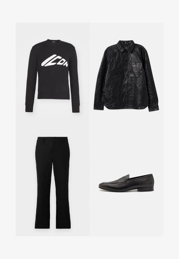 Schwarzes Lederhemd mit strukturierter Oberfläche, ausgestattet mit zwei Brusttaschen, Knopfleiste und klassischem Kragen. Lange Ärmel und lockerer Schnitt.; Schwarzer Strickpullover mit rundem Ausschnitt, gerippten Bündchen und Saum. Auf der Vorderseite befindet sich ein auffälliges weißes "ICON"-Logo in einer stilisierten Schriftart.; Schwarze, weit geschnittene Hosen aus einem Baumwollgemisch, mit einem Knopfverschluss, Gürtelschlaufen und einer glatten Textur ohne sichtbare Muster.; Schwarze Leder-Loafers mit einem eleganten Design, runder Zehenform und niedrigem, gestapeltem Absatz. Mit einem dekorativen gestickten Detail auf dem Obermaterial.