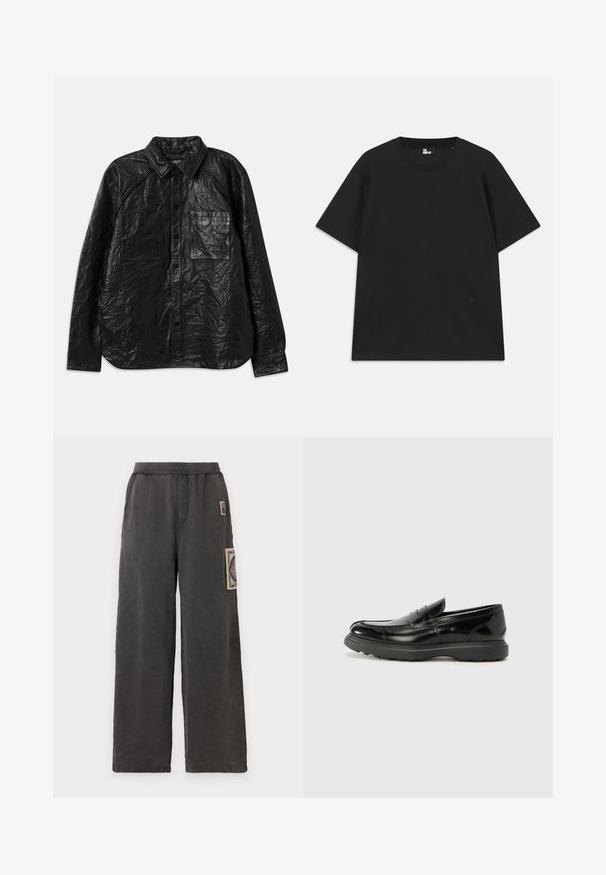 Sort læder skjorte med en krøllet tekstur, der har to brystlommer, knaplukning og en klassisk krave. Lange ærmer og afslappet pasform.; Sort kortærmet t-shirt lavet af bomuld, med rund halsudskæring og en lille logo detalje nær kanten. Glat tekstur, normal pasform.; Bredde bukser i mørkegrå stof, med et dekorativt patch på frontlommen og en elastisk talje for komfort.; Sort læderloafer med en blank finish, rund tå, subtile syninger og en tyk gummisål for holdbarhed.