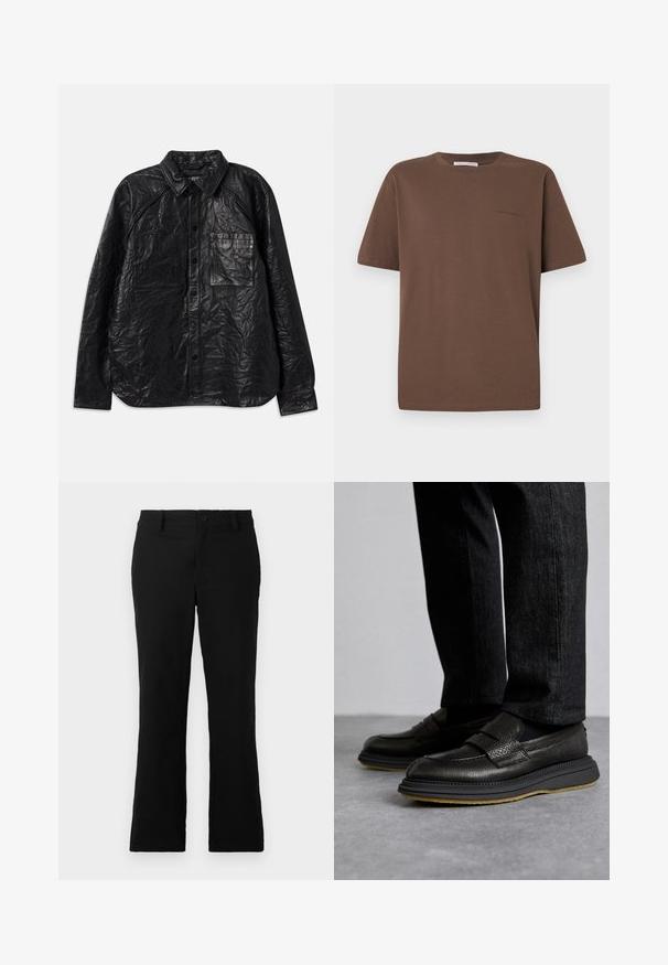 Czarna skórzana koszula o pomarszczonej fakturze, z dwoma kieszeniami na piersi, zapięciem na guziki i klasycznym kołnierzykiem. Długie rękawy i luźny krój.; Brązowa bawełniana koszulka z okrągłym dekoltem, krótkimi rękawami i małym logo nadrukowanym z przodu. Płaska tekstura materiału, luźny krój.; Czarne spodnie z szerokimi nogawkami wykonane z mieszanki bawełny, z zapięciem na guzik, szlufkami na pasek oraz gładką teksturą bez widocznych wzorów.; The Antipode - Półbuty wsuwane