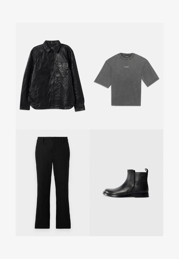 Črna usnjena srajca z gubano teksturo, z dvema žepoma na prsih, gumbnim zapiranjem in klasičnim ovratnikom. Dolgi rokavi in sproščen kroj.; Ovenjelen siva kratka majica z oversize krojem in majhnim belim logotipom "HAN KJØBENHAVN" na sredini prsnega dela.; Črne široke hlače iz mešanice bombaža, opremljene z gumbom za zapiranje, zanko za pas in gladko teksturo brez vidnih vzorcev.; Črne usnjene gležnarje z zaobljenim nosom, elastičnimi stranskimi paneli in teksturiranim zadnjim delom. Imajo ravno gumo podplat in zanko za lažje obuvanje.