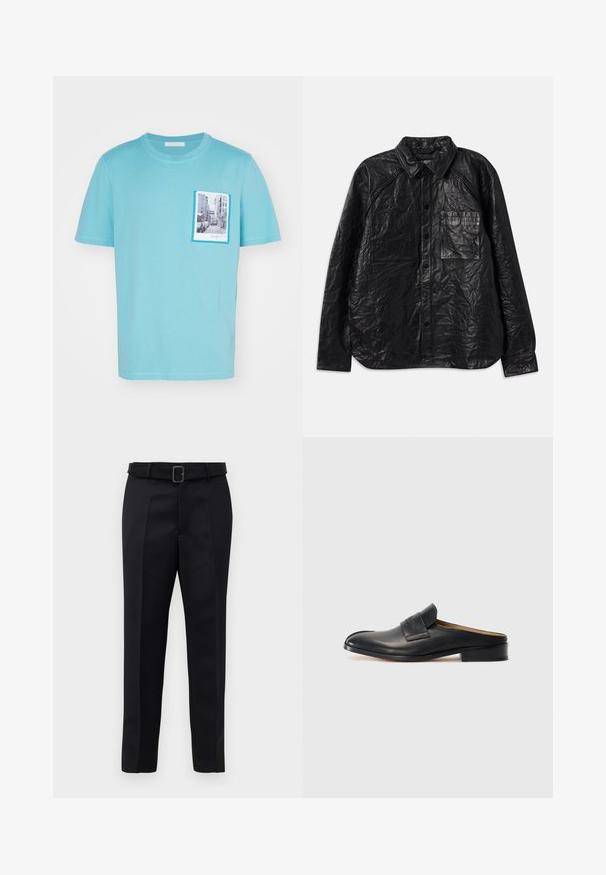 Schwarzes Lederhemd mit strukturierter Oberfläche, ausgestattet mit zwei Brusttaschen, Knopfleiste und klassischem Kragen. Lange Ärmel und lockerer Schnitt.; Hellblaue Baumwoll-T-Shirt mit einem Fronttaschenprint einer Straßenszene, umrandet von einem kontrastierenden blauen Rahmen, kurze Ärmel.; Schwarze maßgeschneiderte Hosen aus glattem Stoff, mit geradem Schnitt und einem Bund mit rechteckiger Schnalle. Auffällige Frontfalten betonen das Design.; Schwarzer Leder-Schlüpfschuh mit runder Spitze, niedrigem Blockabsatz und einem vorderen Riemen. Glatte Textur mit dezentem Logo-Detail am Riemen.