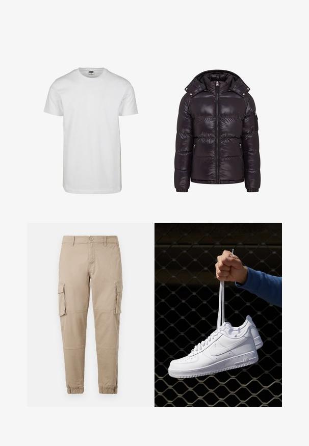 Sort pufferjakke med en glat finish, lynlås foran, høj krave og lynlåslommer på siden. Den har en aftagelig hætte og ribbede manchetter.; Hvid bomuld t-shirt med rund hals, korte ærmer og en afslappet pasform. Mærket siger "URBAN CLASSICS." Glat struktur, ingen mønstre eller detaljer.; Beige cargo bukser i et letvægts bomuldsstof. Har elastiske manchetter, flere sidelommer og en knaplukning.; Hvide lædersneakers med perforeringer, rund tå, flad sål og tykke snørebånd, med et synligt swoosh-logo og "AIR" på hælen.