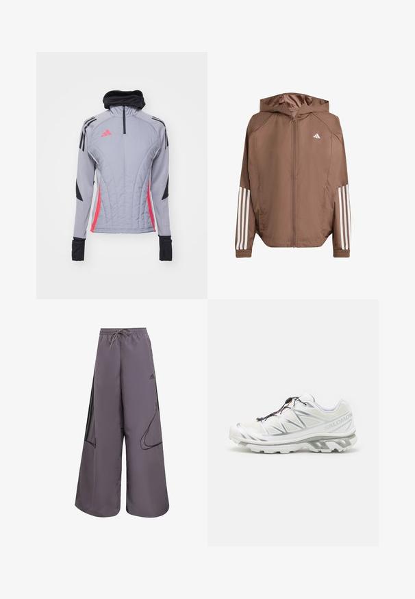 Brązowa, lekka kurtka z kapturem, zapinana na zamek, z elastycznymi mankietami. Posiada białe paski na rękawach oraz małe logo na klatce piersiowej.; Szary długiem rękawem żakiet z różowymi i czarnymi akcentami, z wysokim kołnierzem, ćwiartkowym zamkiem błyskawicznym oraz pikowaną teksturą z pionowymi przeszyciami.; Fioletowe spodnie typu wide-leg wykonane z lekkiego materiału, z elastycznym paskiem w talii, bocznymi kieszeniami, czarnymi akcentami i detalem z logo.; Białe buty sportowe z teksturowanym wierzchem, odblaskowymi akcentami i szarym podbiciem. Posiadają wyraźne trójkątne wzory oraz system szybkiego sznurowania.