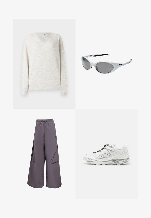 Braune leichte Jacke mit Kapuze, durchgehendem Reißverschluss und elastischen Bündchen. Sie verfügt über weiße Streifen an den Ärmeln und ein kleines Logo auf der Brust.; V-Ausschnitt Strickpullover in hellem Beige mit weichem, strukturiertem Finish. Mit langen Ärmeln sowie gerippten Bündchen und Saum für eine taillierte Passform.; Lila Weite-Hosen aus leichtem Material mit einem Kordelzugbund, seitlichen Taschen, schwarzen Akzenten und einem Logodetail.; Weißer Sportschuh mit strukturiertem Obermaterial, reflektierenden Akzenten und grauer Sohle. Verfügt über betonte dreieckige Muster und ein Schnellschnürsystem.; Weiße Kunststoff-Sonnenbrille mit großen, ovalen Gläsern in grauer Tönung. Verfügt über schwarze Ohrpolster und ein kleines Logo am Rahmen. Glatte Oberfläche.