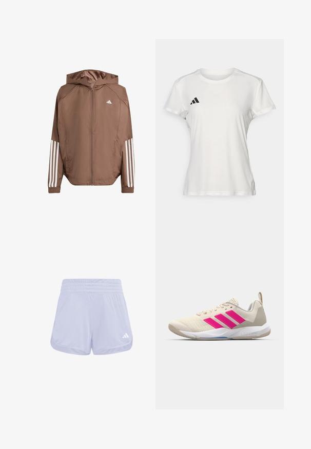 Vaaleanruskea kevyt takki, jossa on huppu, vetoketjusuljenta ja elastiset hihansuut. Täydennetty valkoisilla raidoilla hihoissa ja pienellä logolla rinnassa.; Valkoinen urheilupaita, joka on valmistettu kosteutta siirtävästä kankaasta. Lyhyet hihat, pyöreä kaula-aukko, musta logo ja kolmiraidallinen emblem vasemmassa rinnassa.; Vaaleanvioletit urheilushortsit, joissa on pehmeä pinta, joustava vyötärö ja valkoinen Adidas-logo oikeassa alakulmassa.; Beige urheilujalkine, jossa on vaaleanpunainen kolmonen-striippi-logo, teksturoitu verkko-yläosa, pehmustettu kaulus ja valkoinen kumipohja, jossa on "LIGHTSTRIKE" -brändäys.