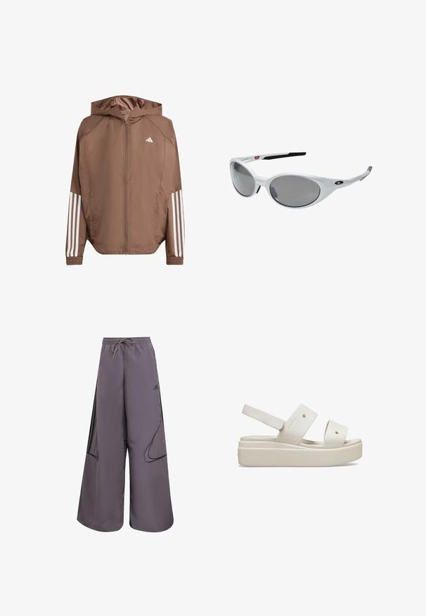 Brown lightweight jacket with a hood, zip front, and elastic cuffs. Features white stripes on sleeves and a small logo on the chest.; Long-sleeve athletic shirt in white fabric, featuring a rounded neckline and black Adidas logo on the left shoulder and side accent.; Purple wide-leg pants made of lightweight fabric, featuring a drawstring waist, side pockets, black accents, and a logo detail.; White platform sandals with wide straps, made of smooth material, featuring adjustable back strap and pronounced sole. Minimalistic design.; White plastic sunglasses with large oval lenses, gray tinted. Features black ear grips and a small logo on the frame. Smooth finish.
