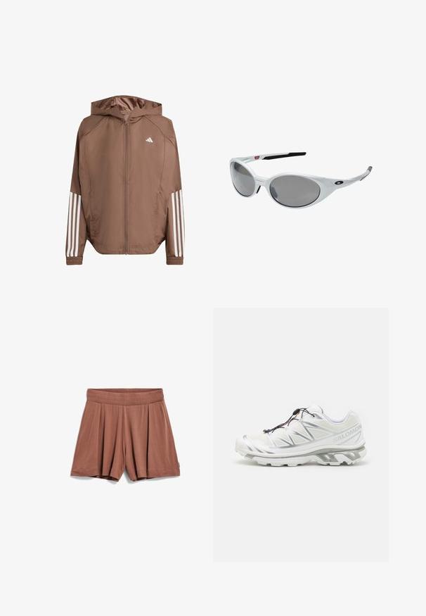 Bruine lichtgewicht jas met een capuchon, rits aan de voorkant en elastische manchetten. Bevat witte strepen op de mouwen en een klein logo op de borst.; Sportieve longsleeve shirt van witte stof, met een ronde halslijn en zwart Adidas-logo op de linkerschouder en zijkant.; ARMEDANGELS AAREZU - Shorts - nutshell; Witte sportieve schoen met een gestructureerde bovenkant, reflecterende accenten en een grijze zool. Kenmerkt zich door geaccentueerde opvallende driehoekige patronen en een snelvetersysteem.; Witte kunststof zonnebril met grote ovale lenzen, grijs getint. Voorzien van zwarte oorsteunen en een klein logo op het montuur. Gladde afwerking.