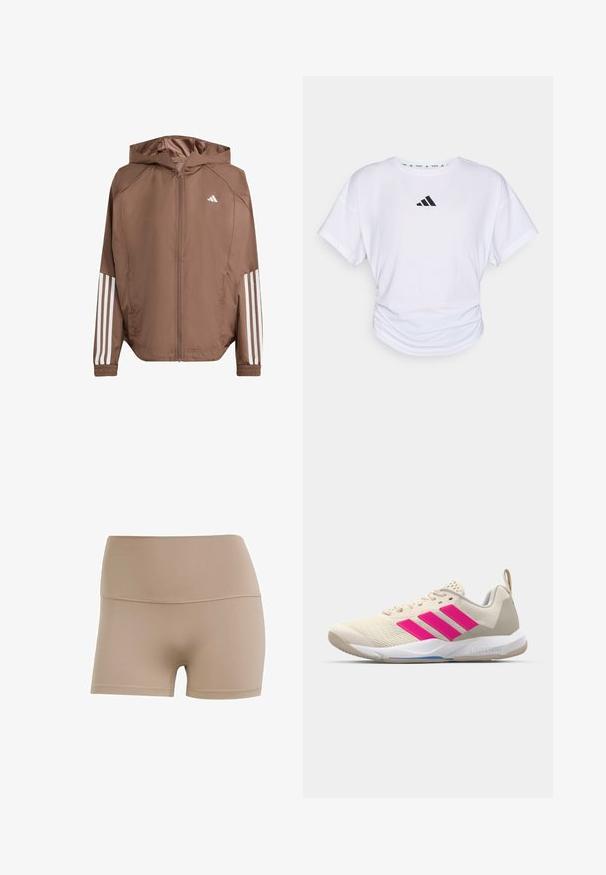 Brun letvægtjakke med hætte, lynlås fortil og elastiske manchetter. Har hvide striber på ærmerne og et lille logo på brystet.; Hvid T-shirt med korte ærmer og rund halsudskæring, der har et sort Adidas-logo på den øverste brystdel og en samlet tekstur ved taljen.; Nude farvet strækstofshorts med høj talje, glat tekstur og kontrasterende syninger. Designet til komfort og fleksibilitet.; Beige sportsko med pink tre-stribede logo, tekstureret mesh overdel, polstret krave og hvid gummisål, med "LIGHTSTRIKE" branding.