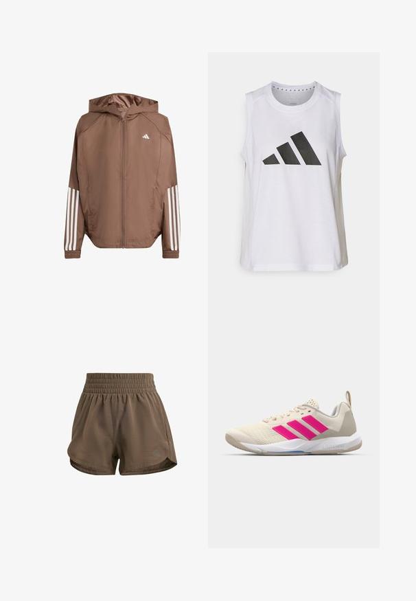 Brown lightweight jacket with a hood, zip front, and elastic cuffs. Features white stripes on sleeves and a small logo on the chest.; White sleeveless athletic top with round neckline, featuring a large black Adidas logo composed of three stripes on the front.; Brown athletic shorts with an elastic waistband, featuring a relaxed fit, side slits, and a subtle brand logo in the lower corner.; Beige athletic shoe with pink three-stripe logo, textured mesh upper, padded collar, and white rubber sole, featuring "LIGHTSTRIKE" branding.