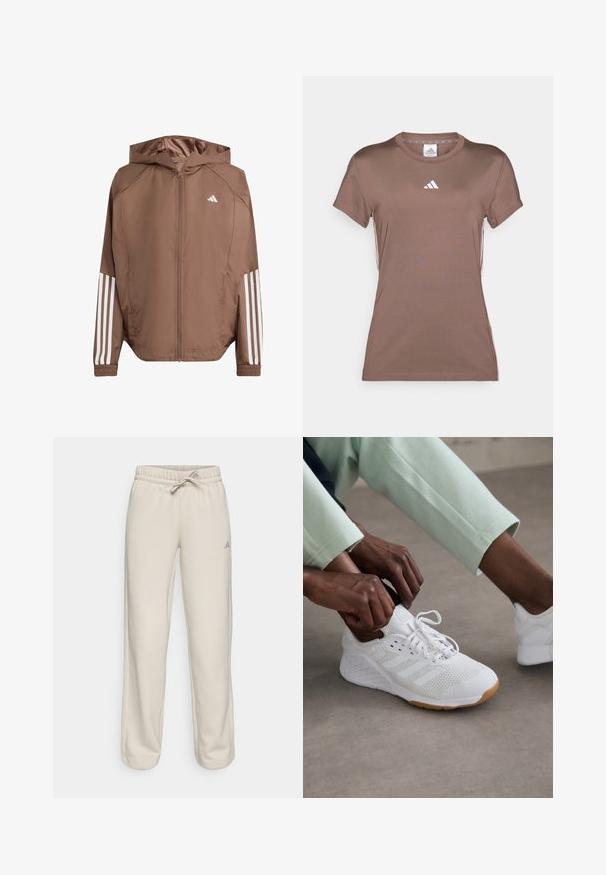Smeđa lagana jakna s kapuljačom, prednjim zatvaračem i elastičnim manžetama. Sadrži bijele pruge na rukavima i mali logo na prsima.; adidas Performance Sportska majica - earth strata/white; Bež trenirke s elastičnim pojasom i vezicom, s opuštenim krojem i malim plavim logotipom s lijeve strane. Mekana tekstura tkanine.; Bijela atletska cipela s mrežastim gornjim dijelom, gumenim potplatom i dizajnom s tri pruge. Lace se podešavaju; vidljiva su svijetlosiva i mint zelena odjeća.