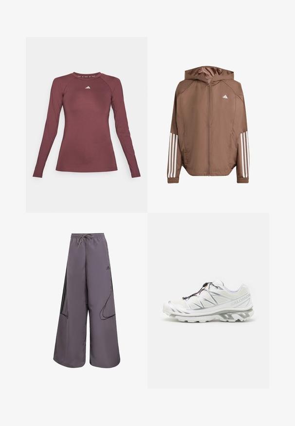 Brun letvægtjakke med hætte, lynlås fortil og elastiske manchetter. Har hvide striber på ærmerne og et lille logo på brystet.; Langærmet atletisk top i bordeaux, lavet af glat, strækbart stof. Har rund halsudskæring og lille hvidt logo på brystet.; Lilla bredbukser lavet af letvægtsstof, med elastisk talje, sidelommer, sorte accenter og logo-detalje.; Hvid atletiksko med en tekstureret overdel, reflekterende detaljer og en grå sål. Har fremhævede trekantede mønstre og et hurtigt snøresystem.