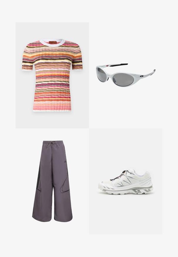 Vaaleanruskea kevyt takki, jossa on huppu, vetoketjusuljenta ja elastiset hihansuut. Täydennetty valkoisilla raidoilla hihoissa ja pienellä logolla rinnassa.; Lyhythihainen neulepaita, jossa on monivärinen aaltoileva raitakuosi vaaleanpunaisena, oranssina, mustana ja keltaisena. Paitassa on valkoinen ribattu kaulus.; Violetti leveälahkeiset housut kevyestä kankaasta, jossa on naru vyötäröllä, sivutaskut, mustat yksityiskohdat ja logotieto.; Valkoinen urheilukengä, jossa on teksturoitu pinta, heijastavat yksityiskohdat ja harmaa pohja. Varustettu korostetuilla kolmiomaisilla kuvioilla ja nopealla nauhoitusjärjestelmällä.; Valkoiset muoviset aurinkolasit suurilla soikeilla linsseillä, harmaasävyiset. Varusteena mustat korvavarret ja pieni logo kehyksessä. Sileä pinta.
