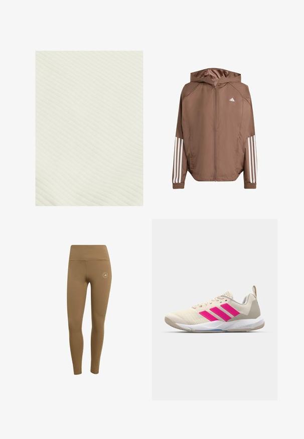Vaaleanruskea kevyt takki, jossa on huppu, vetoketjusuljenta ja elastiset hihansuut. Täydennetty valkoisilla raidoilla hihoissa ja pienellä logolla rinnassa.; Vaalean kermainen ribbikangas, jossa on pehmeä tekstuuri ja vaakasuorat viivat, jotka luovat hienovaraista kuviota. Materiaali näyttää kevyeltä ja joustavalta.; Ruske legginsit, jotka on valmistettu sileästä ja joustavasta kankaasta, joissa on korkea vyötärö ja pieni logoyksityiskohta vasemmassa alalehässä.; Beige urheilujalkine, jossa on vaaleanpunainen kolmonen-striippi-logo, teksturoitu verkko-yläosa, pehmustettu kaulus ja valkoinen kumipohja, jossa on "LIGHTSTRIKE" -brändäys.