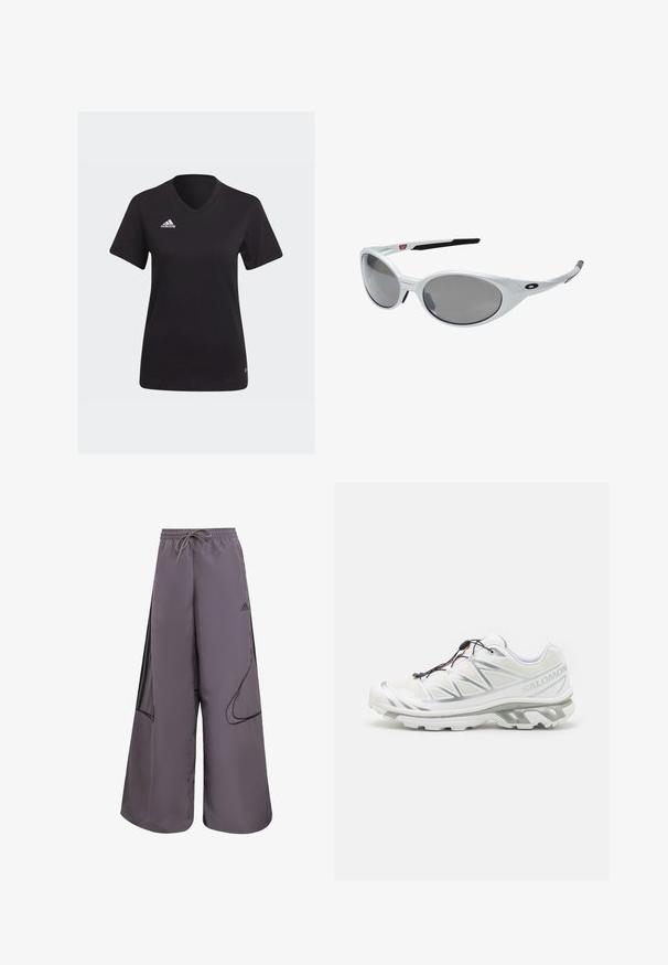 Smeđa lagana jakna s kapuljačom, prednjim zatvaračem i elastičnim manžetama. Sadrži bijele pruge na rukavima i mali logo na prsima.; Crna Adidas majica s V-izrezom, kratkim rukavima i bijelim logotipom na lijevoj strani prsnog područja. Izrađena od mekog materijala.; Ljubičaste široke hlače izrađene od lagane tkanine, s elastičnim pojasom, bočnim džepovima, crnim akcentima i logotipom.; Bijela atletska cipela s teksturiranom površinom, reflektirajućim detaljima i sivim potplatom. Sadrži naglašene trokutaste uzorke i sustav brzog vezanja.; Bijele plastične naočale za sunce s velikim ovalnim lećama, sivo zatamnjene. Imaju crne uške i mali logotip na okviru. Glatka površina.