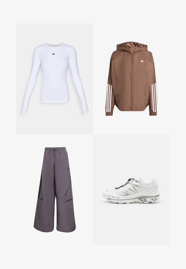 Smeđa lagana jakna s kapuljačom, prednjim zatvaračem i elastičnim manžetama. Sadrži bijele pruge na rukavima i mali logo na prsima.; Duga bijela atletska majica dugih rukava, napravljena od rastezljivog materijala, s okruglim izrezom i malim crnim logotipom na području prsa.; Ljubičaste široke hlače izrađene od lagane tkanine, s elastičnim pojasom, bočnim džepovima, crnim akcentima i logotipom.; Bijela atletska cipela s teksturiranom površinom, reflektirajućim detaljima i sivim potplatom. Sadrži naglašene trokutaste uzorke i sustav brzog vezanja.