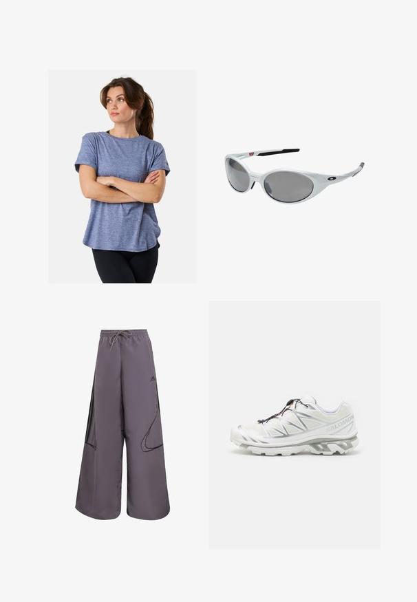 Brązowa, lekka kurtka z kapturem, zapinana na zamek, z elastycznymi mankietami. Posiada białe paski na rękawach oraz małe logo na klatce piersiowej.; Niebieska heatherowana koszulka z krótkim rękawem o luźnym kroju, okrągłym dekolcie i podwiniętych rękawach. Noszona z czarnymi legginsami, pokazującymi gładką teksturę.; Fioletowe spodnie typu wide-leg wykonane z lekkiego materiału, z elastycznym paskiem w talii, bocznymi kieszeniami, czarnymi akcentami i detalem z logo.; Białe buty sportowe z teksturowanym wierzchem, odblaskowymi akcentami i szarym podbiciem. Posiadają wyraźne trójkątne wzory oraz system szybkiego sznurowania.; Białe plastikowe okulary przeciwsłoneczne z dużymi owalnymi soczewkami o szarym zabarwieniu. Posiadają czarne wkładki na uszy oraz małe logo na ramce. Gładkie wykończenie.