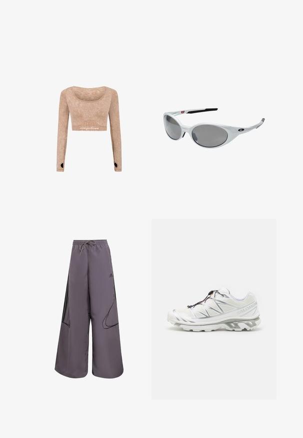 Bruine lichtgewicht jas met een capuchon, rits aan de voorkant en elastische manchetten. Bevat witte strepen op de mouwen en een klein logo op de borst.; Langwerpige, cropped top met lange mouwen in lichtbruin, gemaakt van zachte stof met een gladde textuur; heeft een ronde halslijn en duimgaten in de mouwen.; Paarse wijde broek van lichtgewicht stof, met een trekkoord in de taille, zijzakken, zwarte accenten en een logodetail.; Witte sportieve schoen met een gestructureerde bovenkant, reflecterende accenten en een grijze zool. Kenmerkt zich door geaccentueerde opvallende driehoekige patronen en een snelvetersysteem.; Witte kunststof zonnebril met grote ovale lenzen, grijs getint. Voorzien van zwarte oorsteunen en een klein logo op het montuur. Gladde afwerking.