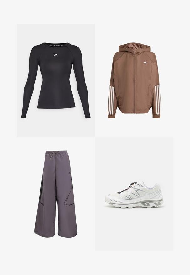 Vaaleanruskea kevyt takki, jossa on huppu, vetoketjusuljenta ja elastiset hihansuut. Täydennetty valkoisilla raidoilla hihoissa ja pienellä logolla rinnassa.; Musta pitkähihaisia urheilupaita, joka on valmistettu sileästä kankaasta, tiukasti istuvalla muotoilulla ja valkoisella logolla rinnassa sekä kauluksen sisäpuolella.; Violetti leveälahkeiset housut kevyestä kankaasta, jossa on naru vyötäröllä, sivutaskut, mustat yksityiskohdat ja logotieto.; Valkoinen urheilukengä, jossa on teksturoitu pinta, heijastavat yksityiskohdat ja harmaa pohja. Varustettu korostetuilla kolmiomaisilla kuvioilla ja nopealla nauhoitusjärjestelmällä.