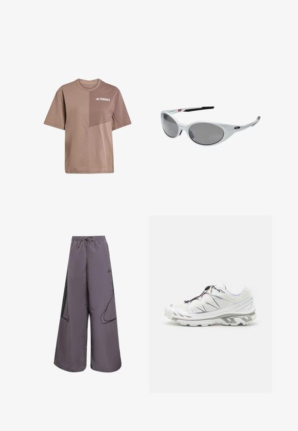 Hnedá ľahká bunda s kapucňou, so zipsom na prednej strane a elastickými manžetami. Obsahuje biele pruhy na rukávoch a malé logo na hrudníku.; Hnedé tričko s krátkymi rukávmi a okrúhlym výstrihom, ktoré zobrazuje diagonálny kontrast textúry a biele logo "TERREX" na hrudi.; Fialové široké nohavice vyrobené z ľahkého materiálu, s elastickým pásom na šnúrku, bočnými vreckami, čiernymi detailmi a logom.; Biele športové topánky s textúrovaným zvrškom, reflexnými akcentmi a sivou podrážkou. Obsahuje zvýraznené trojuholníkové vzory a systém rýchleho šnurovania.; Biele plastové slnečné okuliare s veľkými oválnymi šošovkami, šedými tónovanými. Vlastnosti zahŕňajú čierne ušné úchyty a malé logo na ráme. Hladký povrch.
