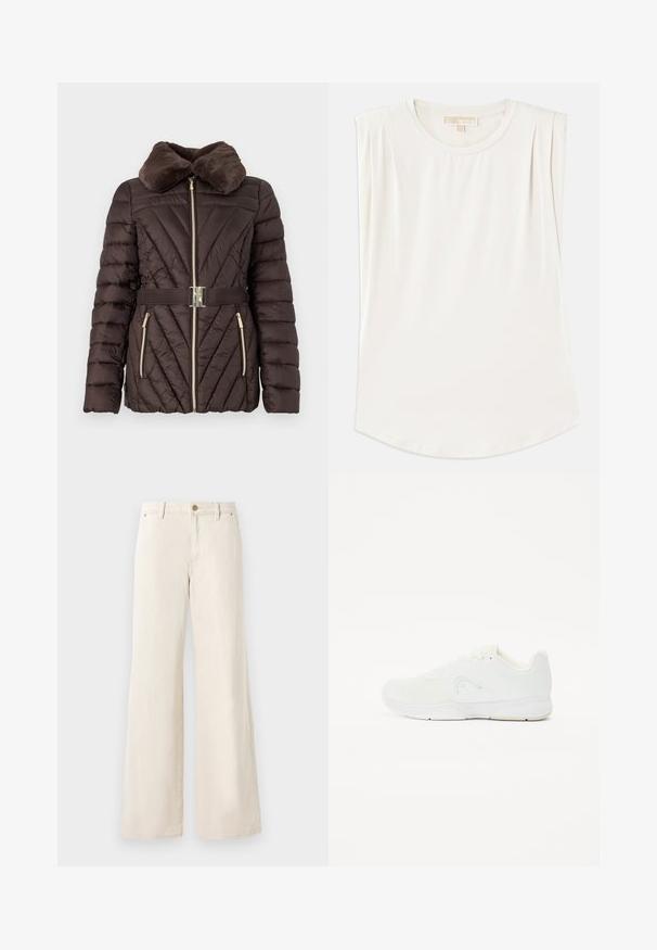 Ruskea puffatakki, jossa on tekoturkistakki, vinoruutuinen kuvio, kultainen vetoketju ja samasta kankaasta valmistettu vyö, jossa on hopeanvärinen solki.; Valkoinen hihaton paita, joka on valmistettu sileästä kankaasta, pyöreällä kaula-aukolla ja hienovaraisilla pussituksilla hartioissa, kaarevalla helman ihanalla muotoilulla.; Vaaleanbeige leveälahkeiset housut, jotka on valmistettu puuvillasta ja joissa on sileä rakenne. Housuissa on napin sulkeminen, etutaskut ja klassinen vyötärönauhan muotoilu.; Valkoinen urheilukenkä, jossa on verkkovuori, nauhakiinnitys, pyöreä kärki ja teksturoitu kumipohja, jossa on minimaalinen brändäys.