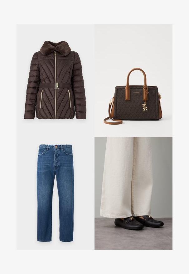 Hnědá péřová bunda s límcem z umělé kožešiny, šikmým prošívaným vzorem, zlatým zipem a odpovídajícím opaskem s stříbrnou přezkou.; Bílý bezrukávový top z hladké látky, s kulatým výstřihem a jemnými sklady na ramenou, s křivkovým lemem.; Tmavě modré džíny z denimu s rovnými nohavicemi, které mají zipový přední otvor, pět kapes a kontrastní švy.; Černé kožené mokasíny se zlatými kovovými detaily, nošené s širokými, krémově zbarvenými kalhotami, vyzařující hladkou texturu a zaoblený tvar.; MICHAEL Michael Kors LAILA SATCHEL - Kabelka - brown