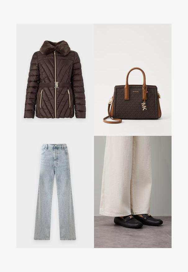 Bruine pufferjack met een nepbontkraag, diagonale gestikte patroon, gouden rits en bijpassende taille riem met een zilveren gesp.; Witte mouwloze top van gladde stof, met een ronde hals en subtiele plooien op de schouders, en een gebogen zoom.; Lichtblauwe denim jeans met een hoge taille, wijd uitgesneden broekspijpen, traditionele vijf pocket ontwerp en subtiele slijtage-effecten.; Zwarte leren loafers met gouden hardware details, gedragen met brede, roomkleurige broeken, met een gladde textuur en afgeronde vorm.; MICHAEL Michael Kors LAILA SATCHEL - Handtas - brown