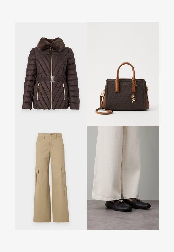 Brun pufferjakke med faux pelskrage, diagonalt quiltet mønster, gullglidelås og matchende livbelte med spenne i sølv.; Hvit ermeløs topp laget av glatt stoff, med rund hals og subtile plisseringer på skuldrene, samt en buet sømkant.; Beige cargo bukser med vide ben, som har to sidelommer med klap, en knaplukning og et glat bomuldsstof.; Sorte lærloafere med gullfarget metall, brukt med vide, kremfargede bukser, som viser en jevn tekstur og rund form.; MICHAEL Michael Kors LAILA SATCHEL - Håndveske - brown