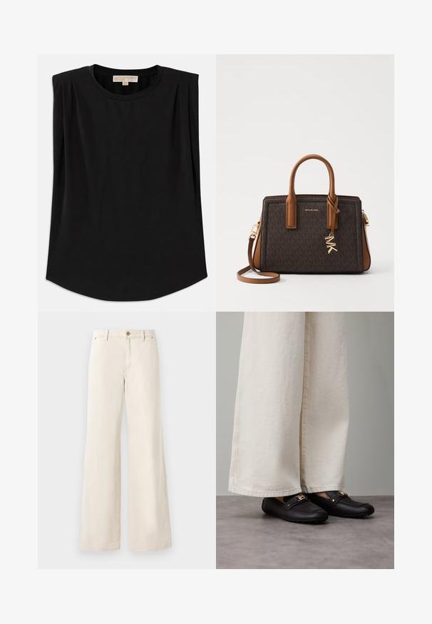 Brown puffer jacket with a faux fur collar, diagonal quilted pattern, gold zipper, and matching waist belt with a silver buckle.; Black top made of soft fabric, featuring a round neckline, short sleeves with pleats, and a slightly curved hem. No patterns or accents visible.; Beige wide-leg pants made of cotton with a smooth texture. Features a button closure, front pockets, and a classic waistband design.; Black leather loafers with gold hardware detail, worn with wide, cream-colored pants, showing a smooth texture and rounded shape.; MICHAEL Michael Kors LAILA SATCHEL - Handbag - brown