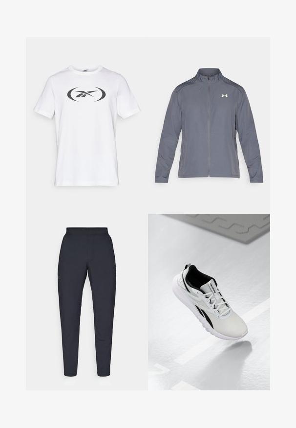 Pelēks rāvējslēdzēja jaka, izgatavota no viegla materiāla, ar stāvošu apkakli un logo augšējā kreisajā krūtis. Gluda tekstūra, sportisks dizains.; Balts kokvilnas T-krekls ar īsām piedurknēm, uz kura priekšpuses ir liels melns logo dizains. Ova kakla izgriezums un standarta piegriezums.; Melnas sporta bikses ar gludu tekstūru, šauru piegriezumu, elastīgu jostu un sānu kabatām. Uz kreisā augšstilba ir mazs logs.; Gaišpelēka sporta apava ar melniem akcentiem, strukturēta sieta augšdaļa, mīkstināta zole un auklu aizdare. Iekļauj papēža vilkšanas cilpu.