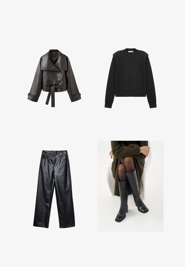 Donkerbruine leren cropped jas met een brede kraag, dubbele knopen en een ceintuur in de taille. Heeft oversized manchetten en een soepele textuur.; Donkergrijze, cropped trui met lange mouwen, een ronde halslijn en een gestructureerde afwerking. Eenvoudig ontwerp zonder patronen of versieringen.; Zwarte faux leren wijde broek met een textuur van krokodillenpatroon, voorzien van zakken aan de voorkant en een knoopsluiting in de taille.; Knieschijf hoge zwarte leren laarzen met een vierkante neus en blokhak, getoond met een model dat zit in een olijfgroene jas. Gladde textuur, minimale details.