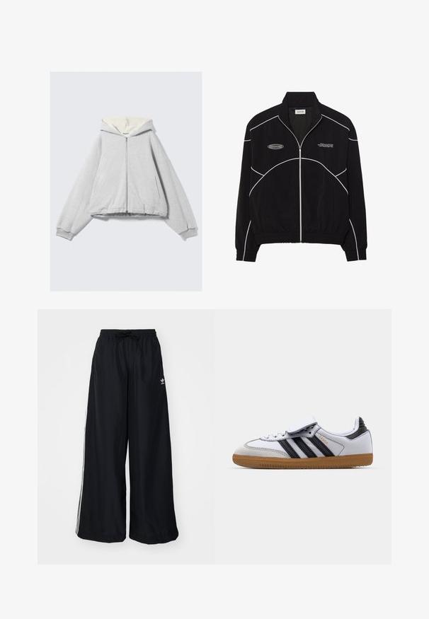 Must must riiet, millel on valged kontrastõmblused, kõrge krae, elastsed mansetid ja tekstureeritud sisemus. Rinnal on logo.; Hall halliga lukuga pusa, millel on pehme kreemikas fliisvooder, üle mõõtmete lõige, soonikkoes varrukasätikud ja nööriga kapuuts. Lisatud on küljetaskud.; Mustast cropitud pikade varrukatega top, millel on kõrge krae ja veerandlik lukk, mugavate õmblustega ja logo aktsendiga äärisel.; Mustad must laiad püksid, mis on valmistatud kergest kangast. Omavad elastset vöökohta tõmblukuga ja valget külgtriipu. Brändi logo puus.; Valge nahkne tennisepaar mustade triipudega ja hallide aktsentidega, ümara toe ja kummi kummist tallaga. Velcro lukk ja paelte sulgemine.